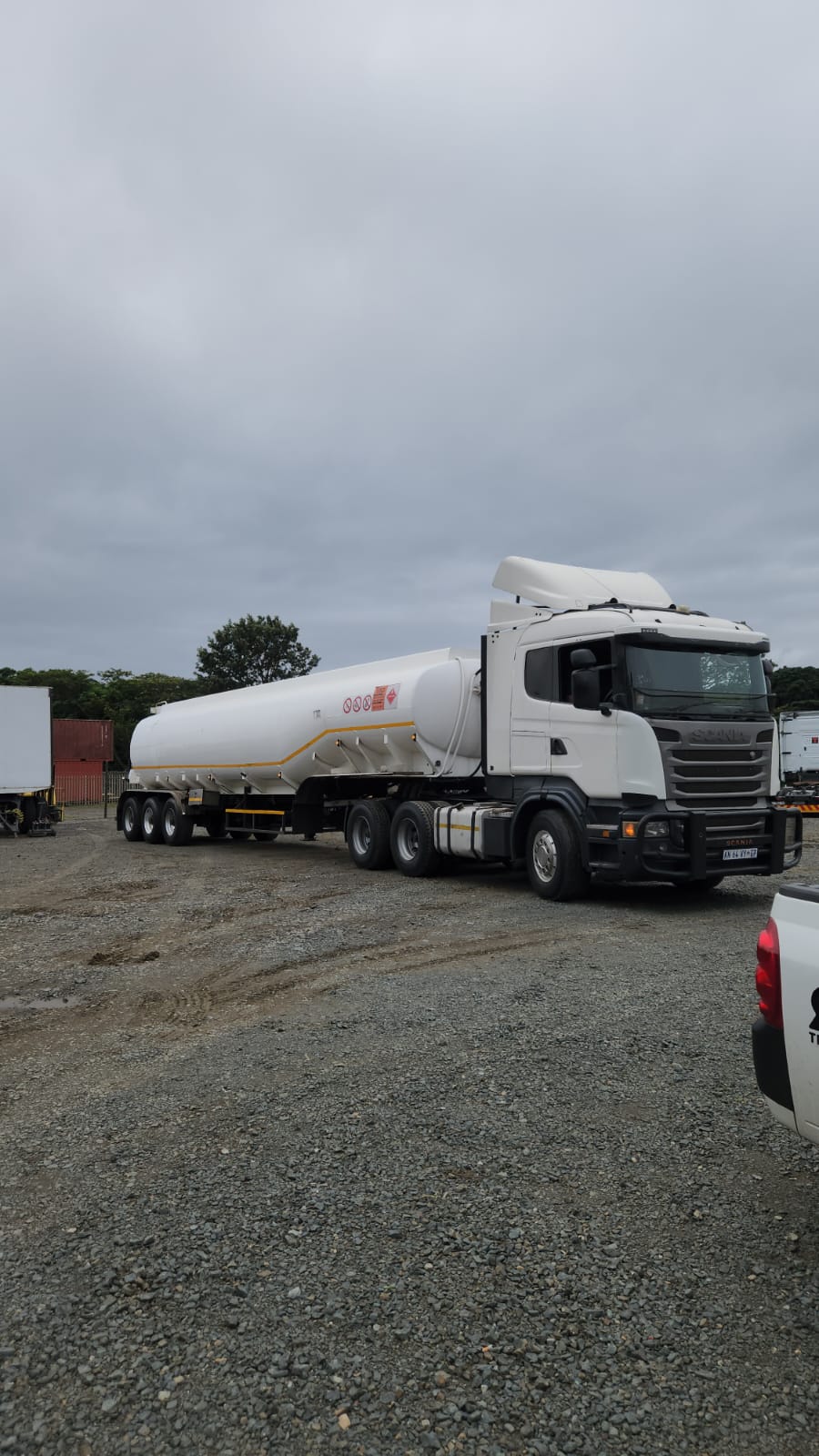 Scania fuel tanker combination parked in the yard