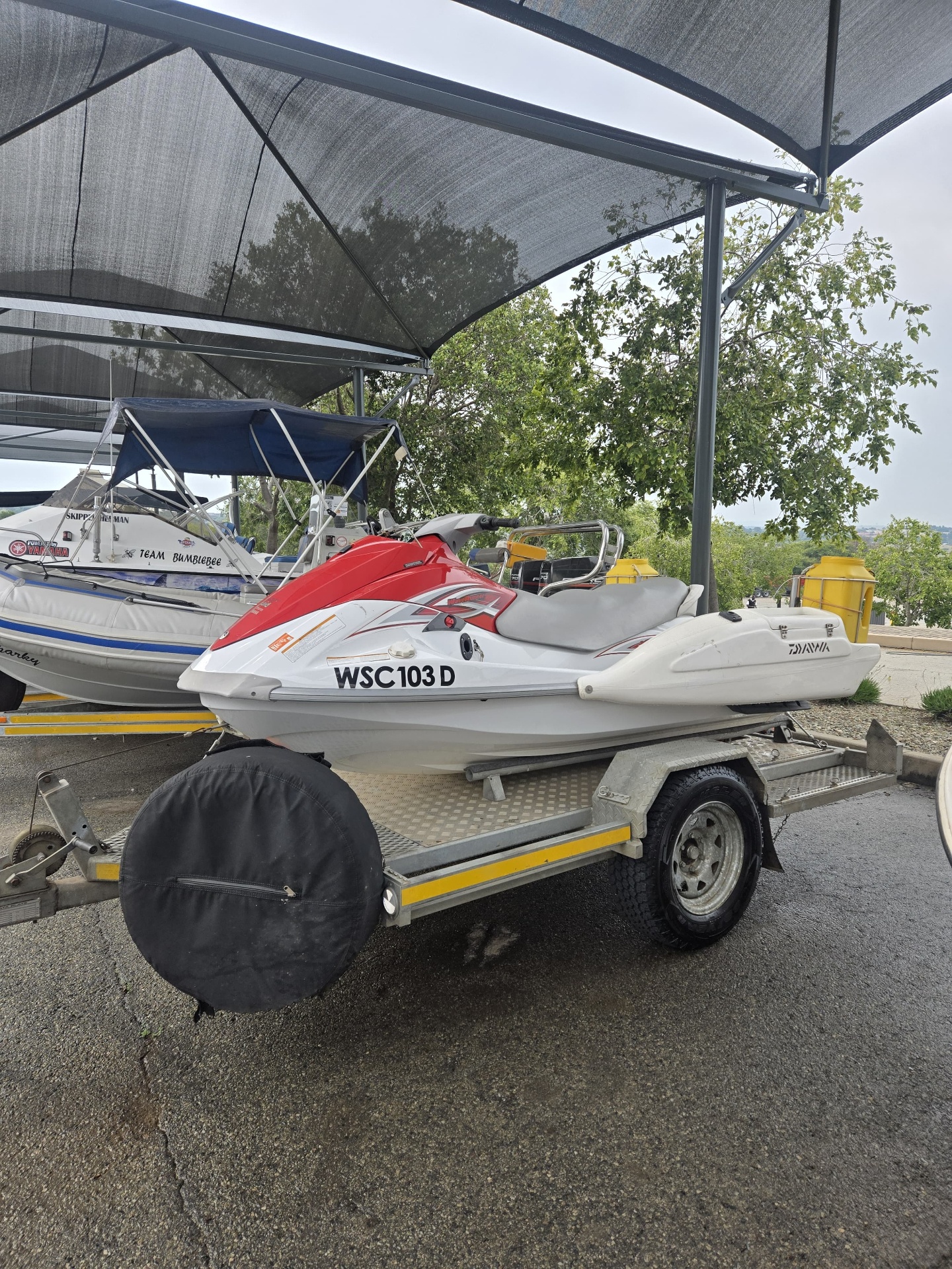 Yamaha jet ski on a braked trailer ready for export